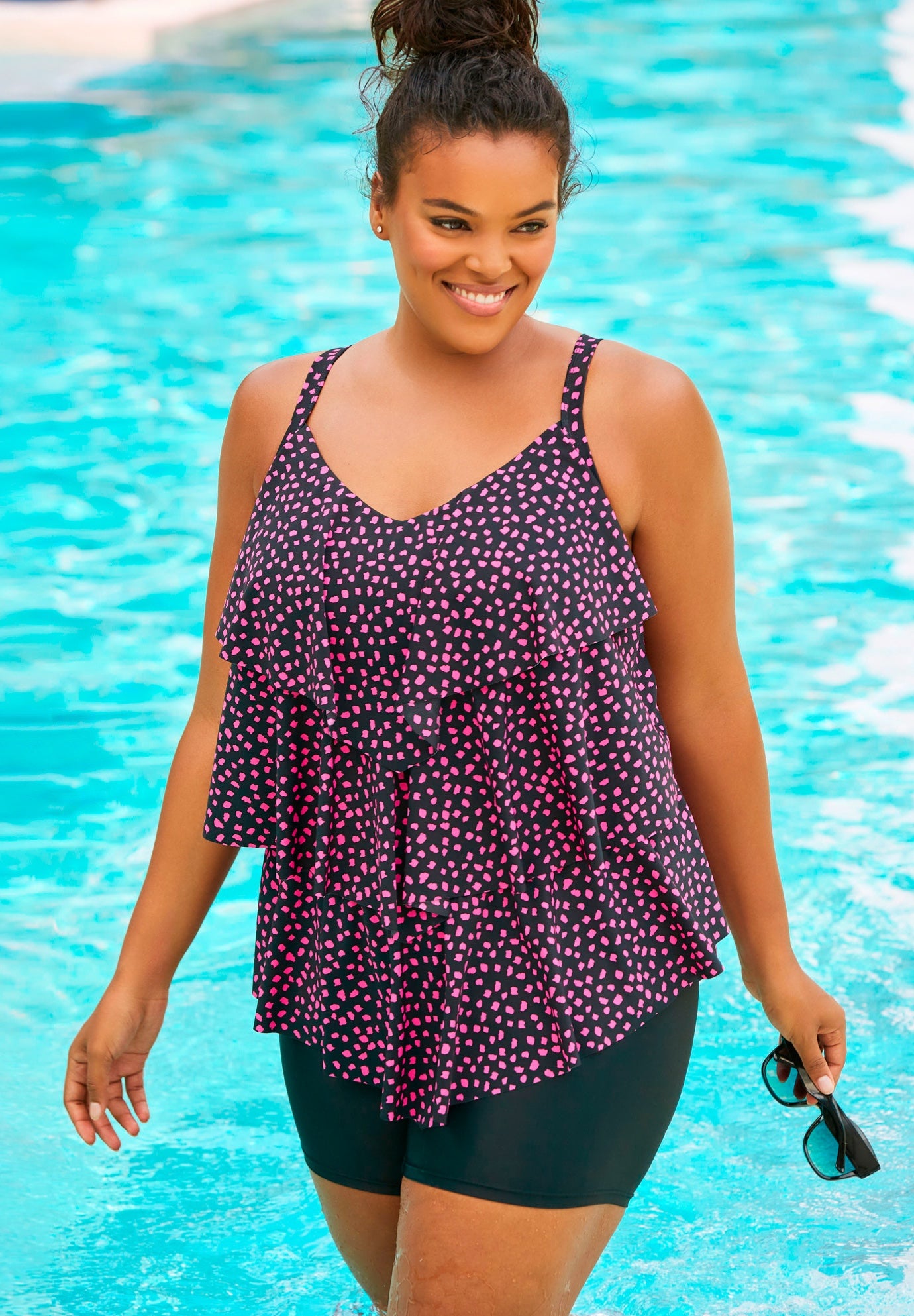Longer-Length Tiered-Ruffle Tankini Top image number 0