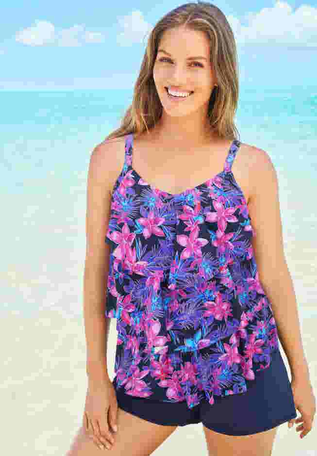 Longer-Length Tiered-Ruffle Tankini Top image number 0