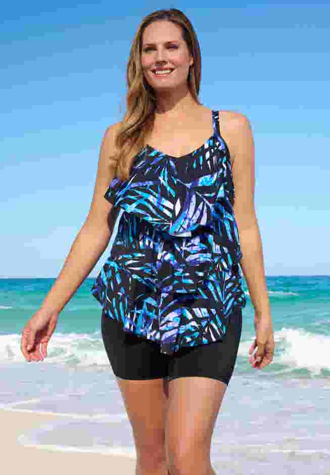 Longer-Length Tiered-Ruffle Tankini Top image number 0