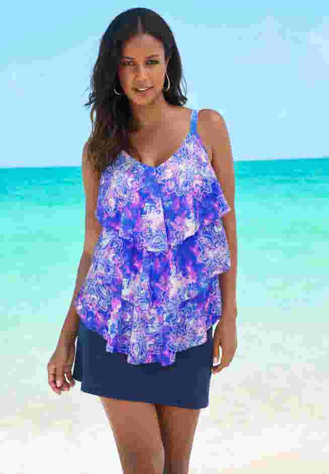Longer-Length Tiered-Ruffle Tankini Top image number 0