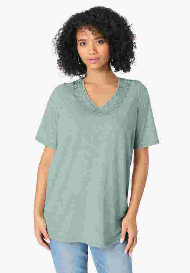 Embroidered Linen Blend Tee image number 0