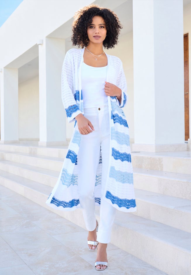 Long Pointelle Cardigan Sweater image number 0