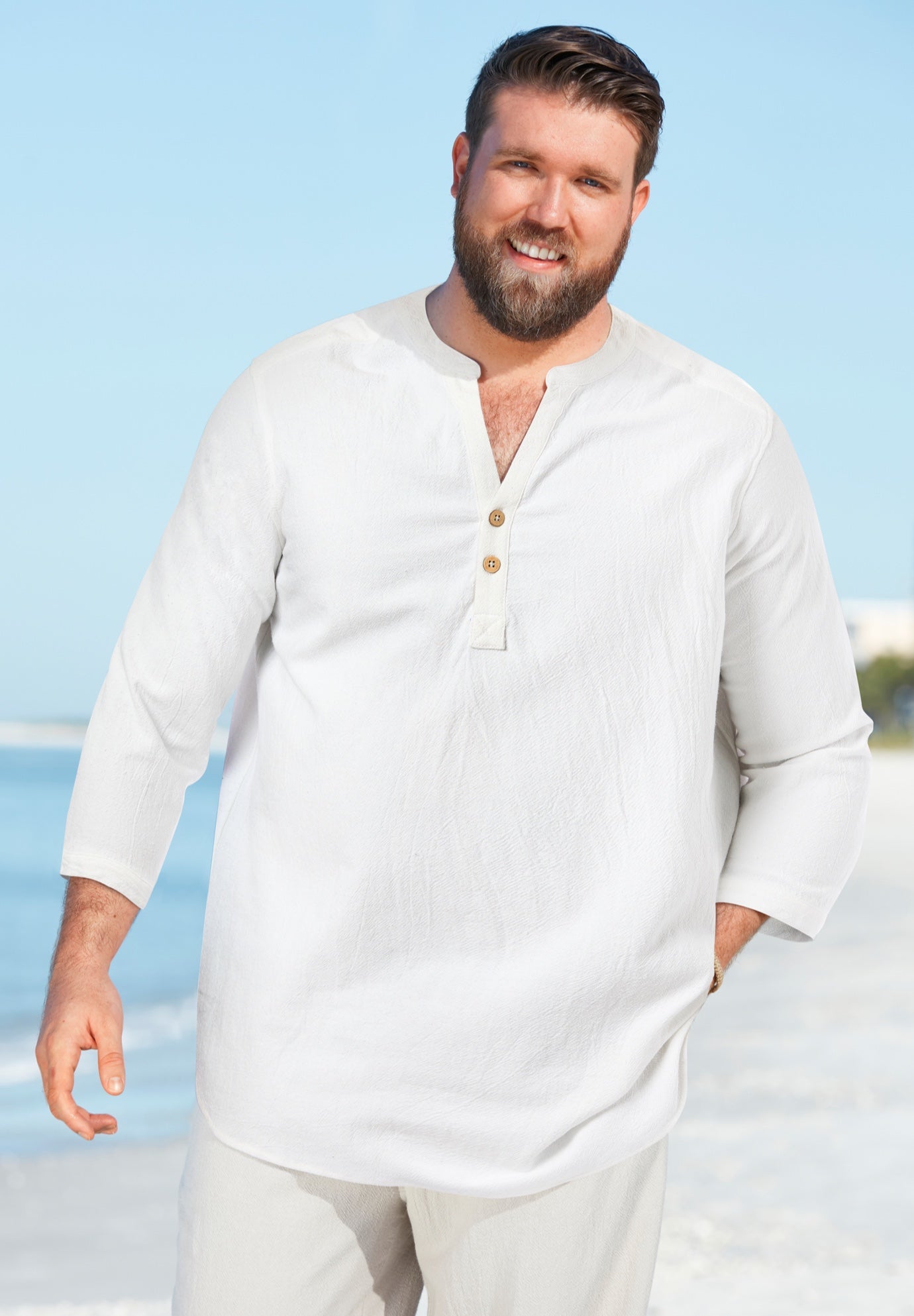 Gauze Mandarin Collar 3/4 Sleeve Shirt image number 4