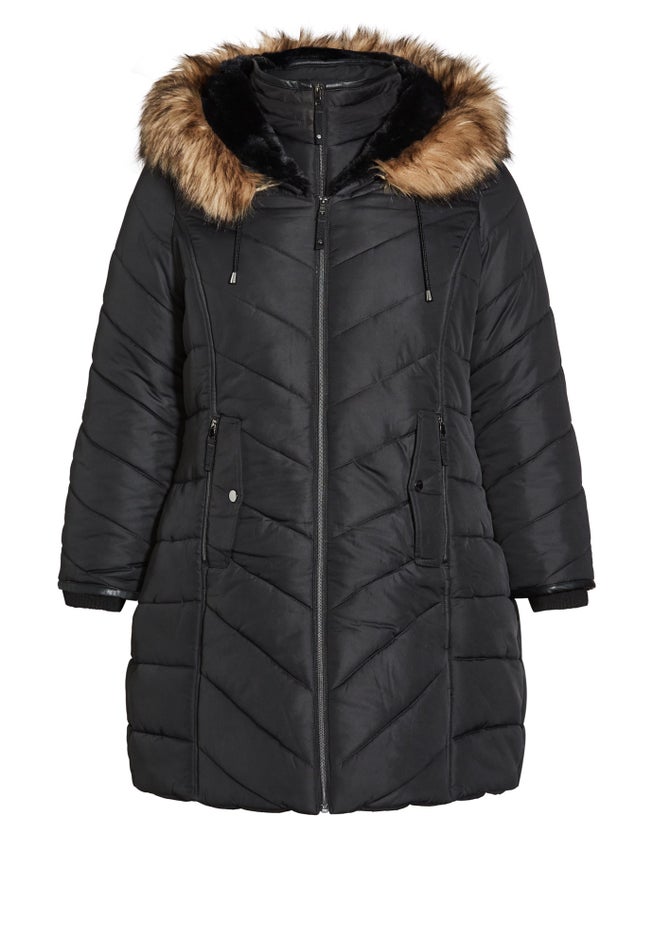 Chevron Faux Fur Hood Long Puffer Coat image number 2