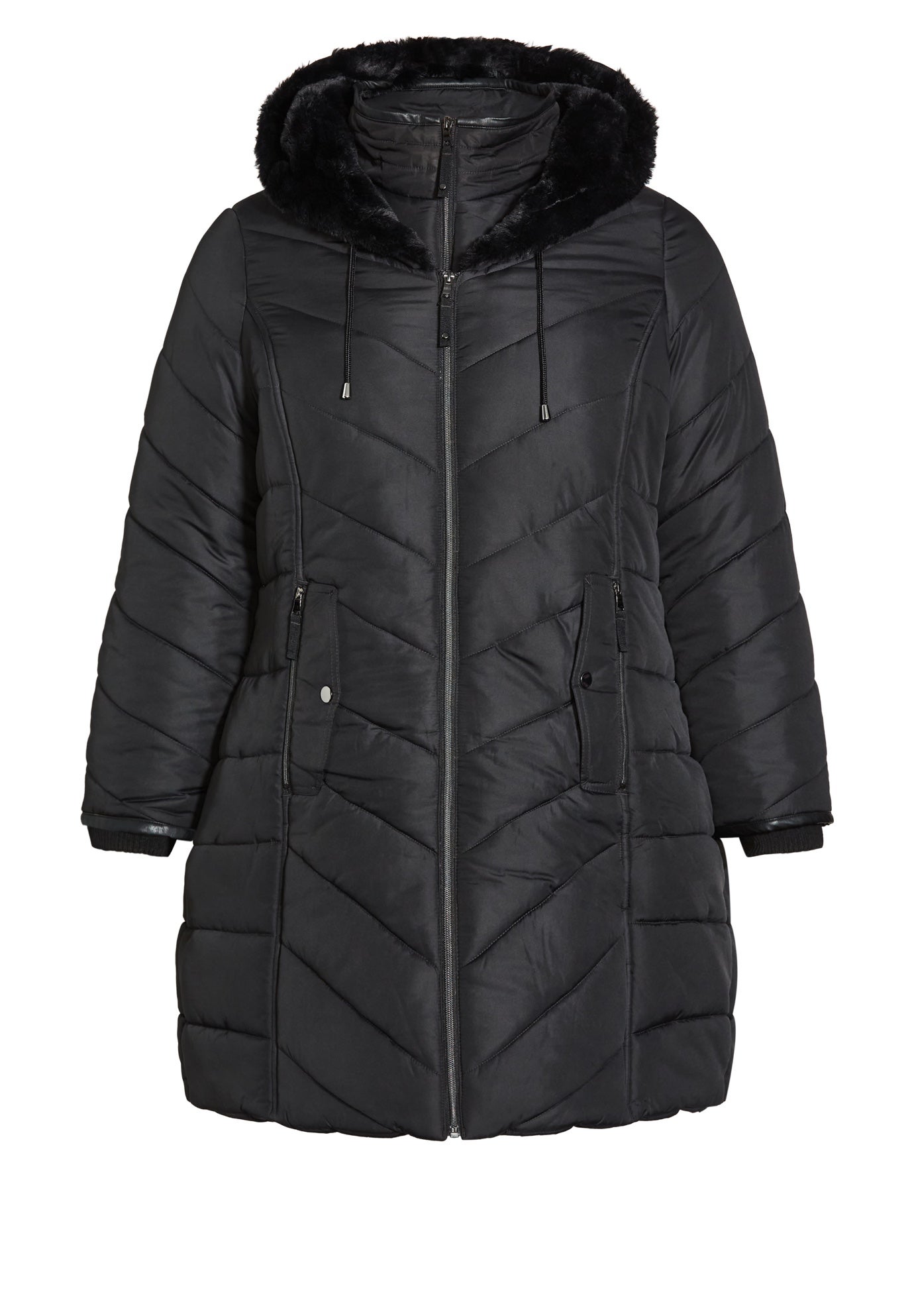 Chevron Faux Fur Hood Long Puffer Coat image number 4