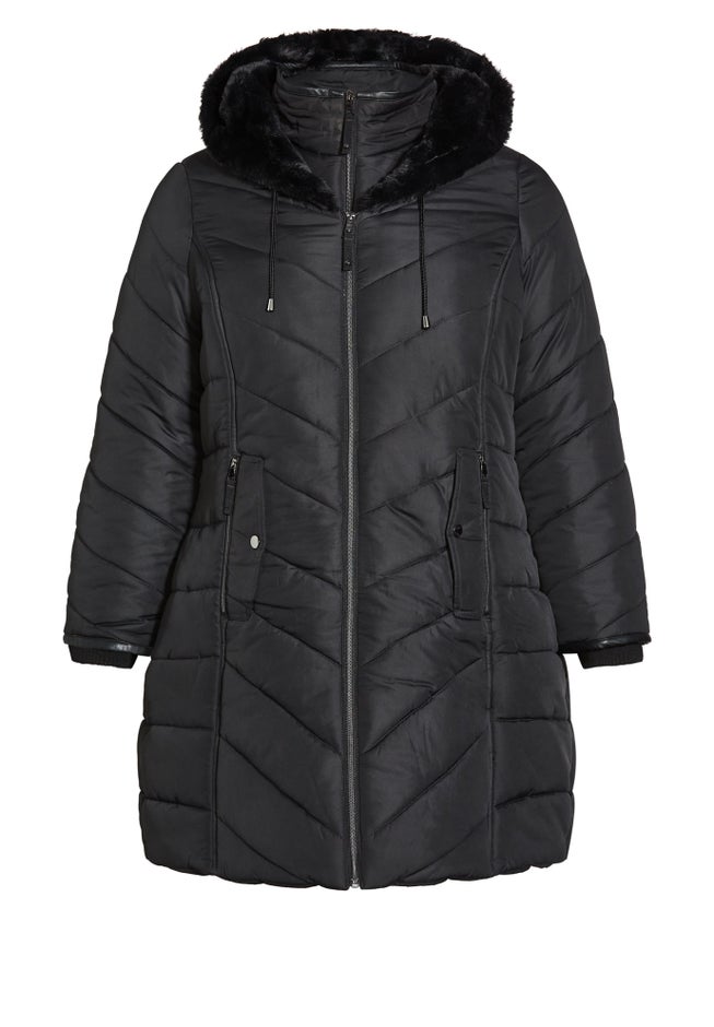 Chevron Faux Fur Hood Long Puffer Coat image number 4
