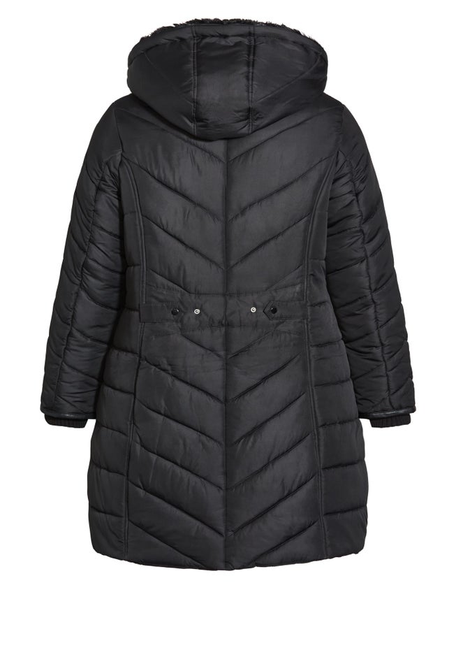 Chevron Faux Fur Hood Long Puffer Coat image number 5