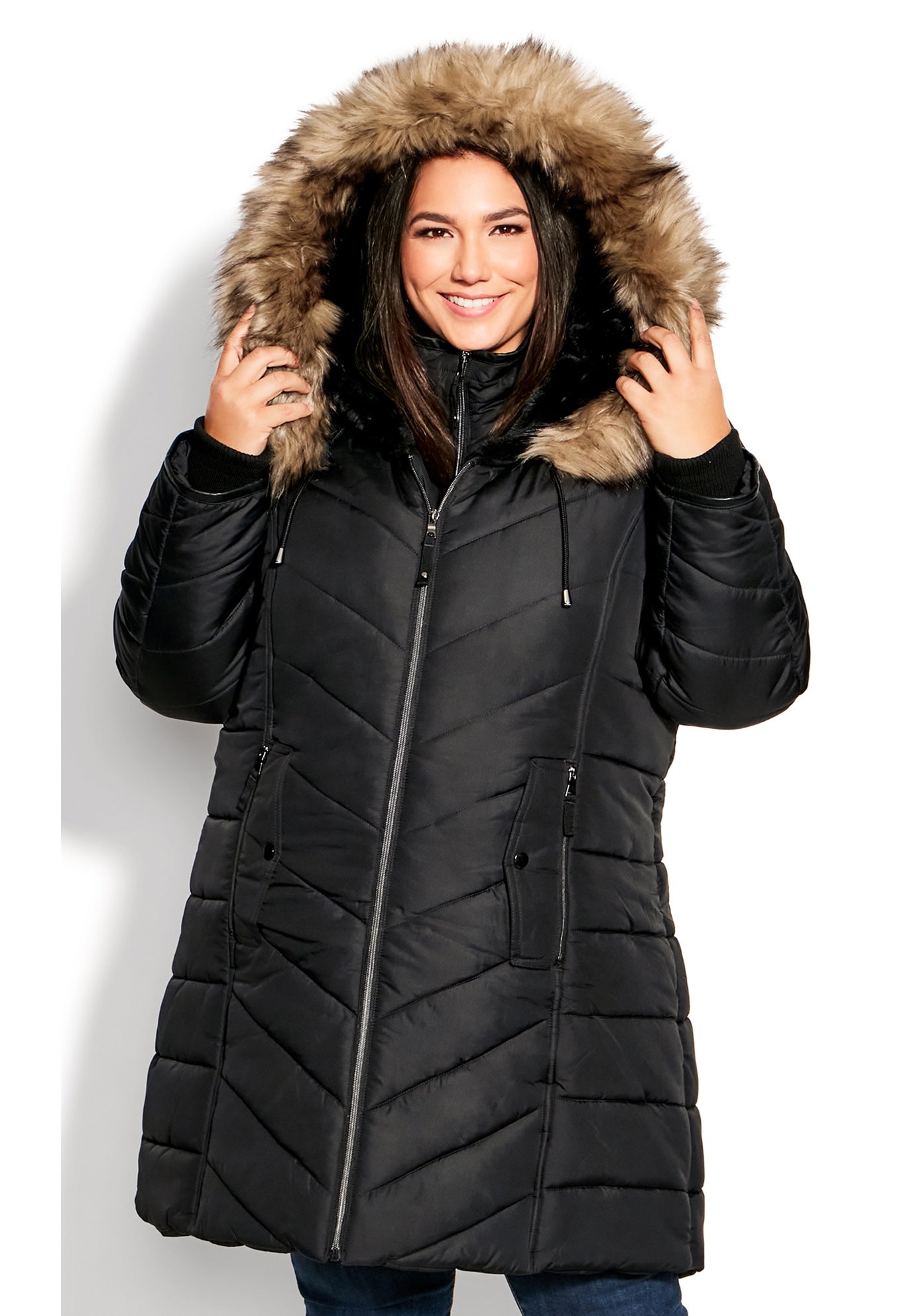 Chevron Faux Fur Hood Long Puffer Coat image number 8
