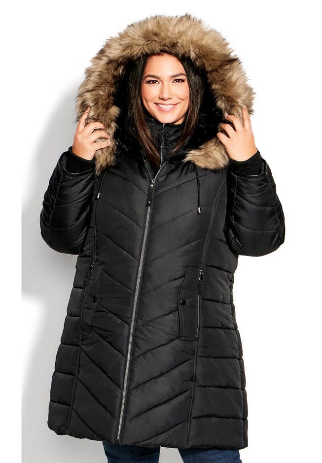Chevron Faux Fur Hood Long Puffer Coat image number 8