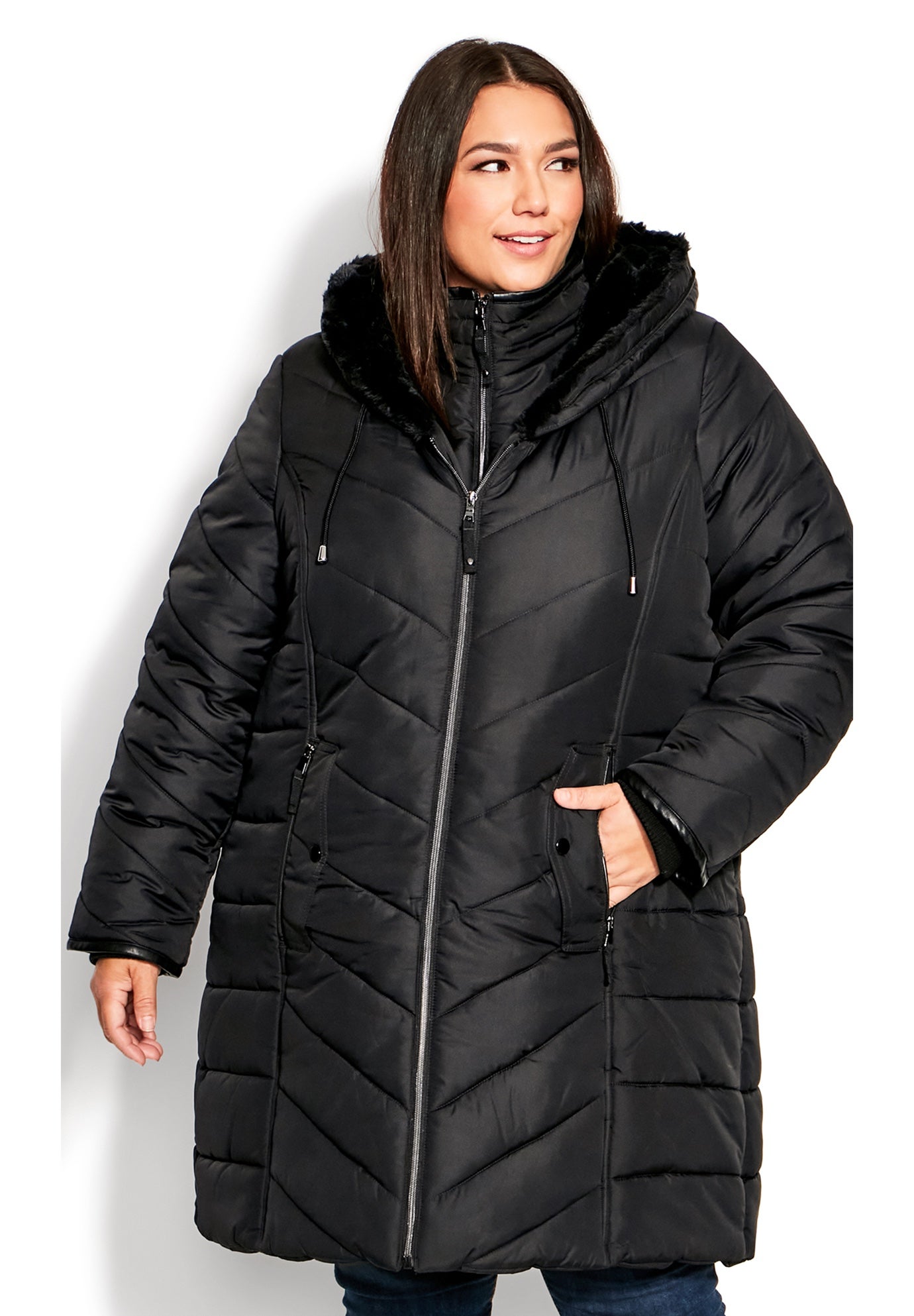 Chevron Faux Fur Hood Long Puffer Coat image number 12