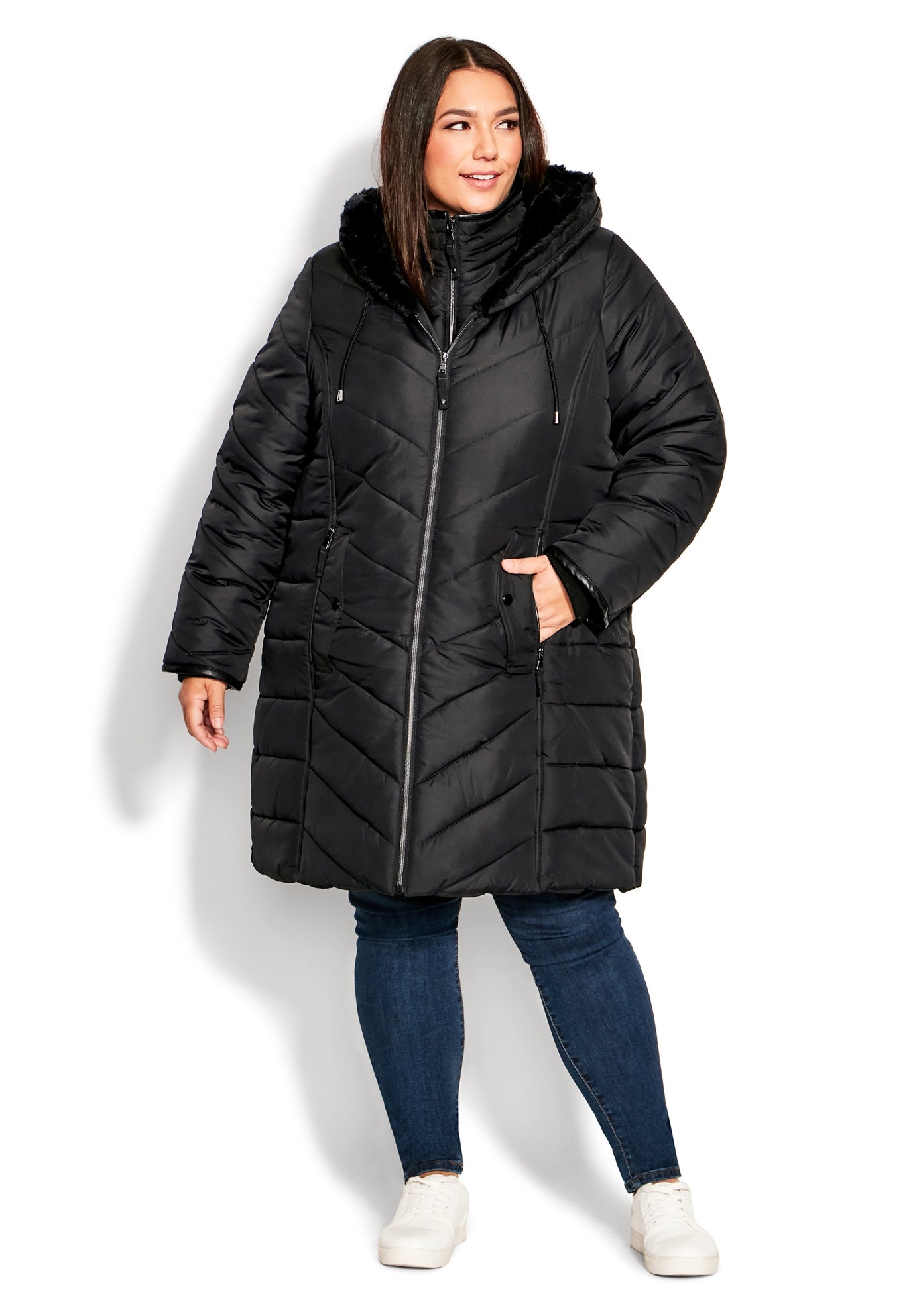 Chevron Faux Fur Hood Long Puffer Coat image number 13