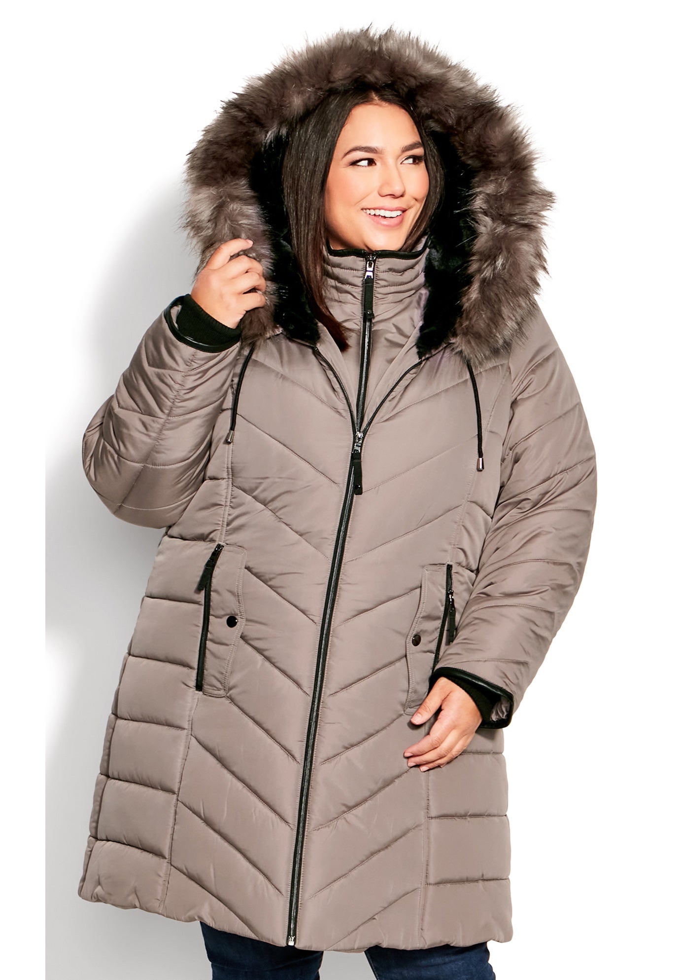 Chevron Faux Fur Hood Long Puffer Coat image number 0