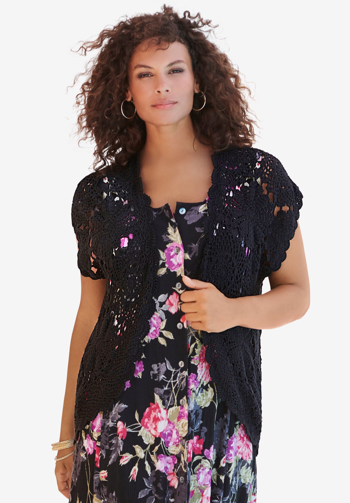 Plus Size Scallop Trim Crochet Cardigan Sweater image number 0