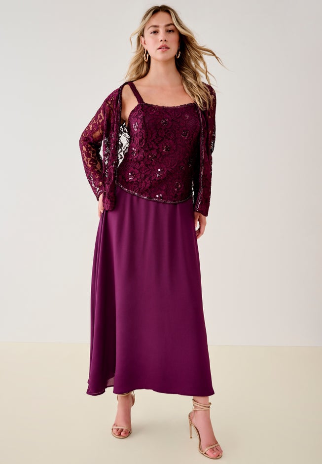 Plus-Size 2 Piece Long Sleeve Embellished Lace Jacket and Full Gown image number 1