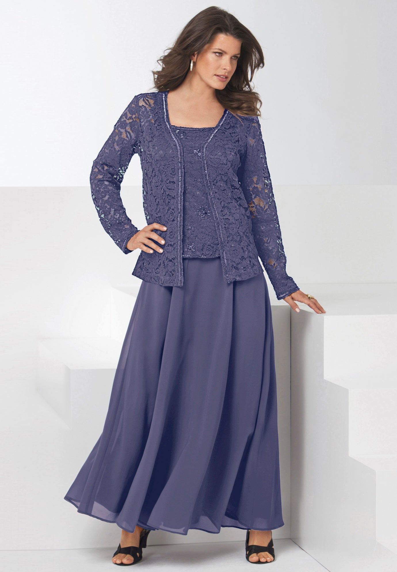 Plus-Size 2 Piece Long Sleeve Embellished Lace Jacket and Full Gown image number 0
