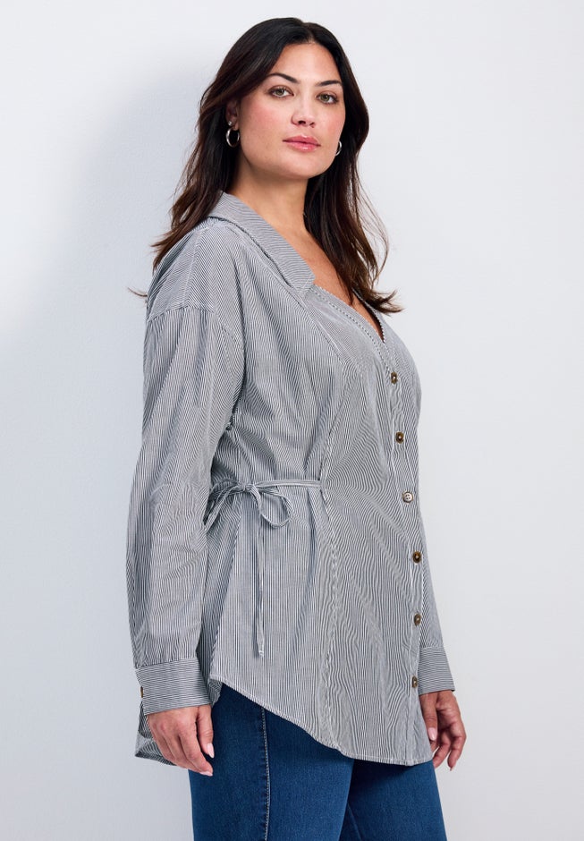 Ray Stripe Polpin Shirt With Tie Detail image number 2