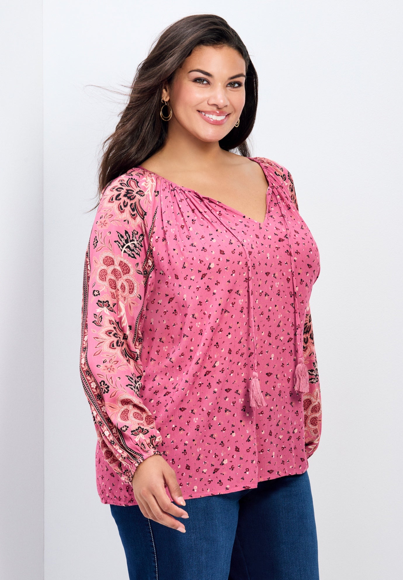 Eliana Border Print Sleeve Peasant Top image number 2