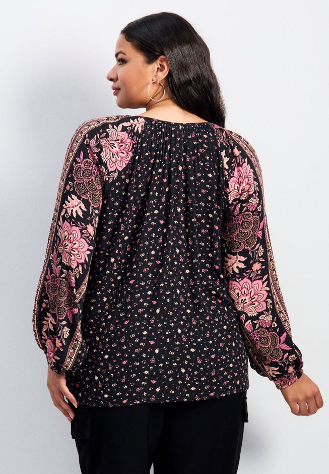 Eliana Border Print Sleeve Peasant Top image number 1