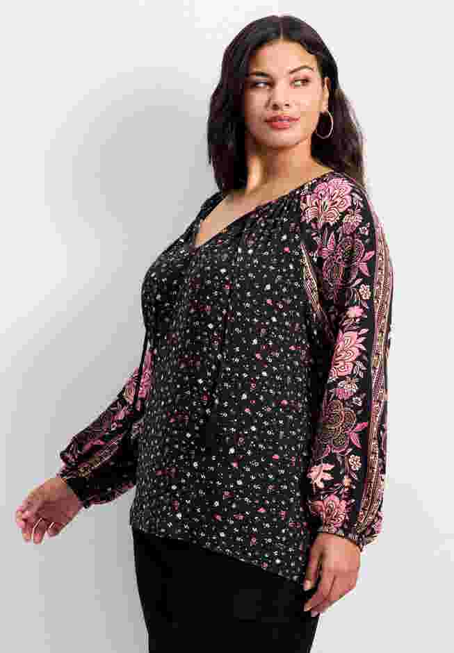 Eliana Border Print Sleeve Peasant Top image number 2