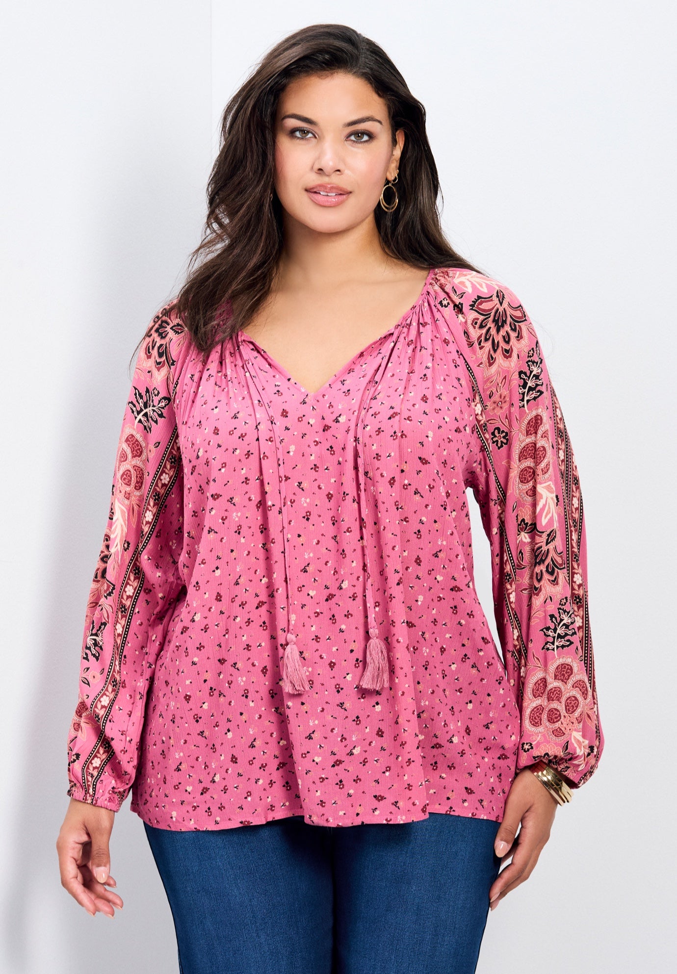 Eliana Border Print Sleeve Peasant Top image number 0