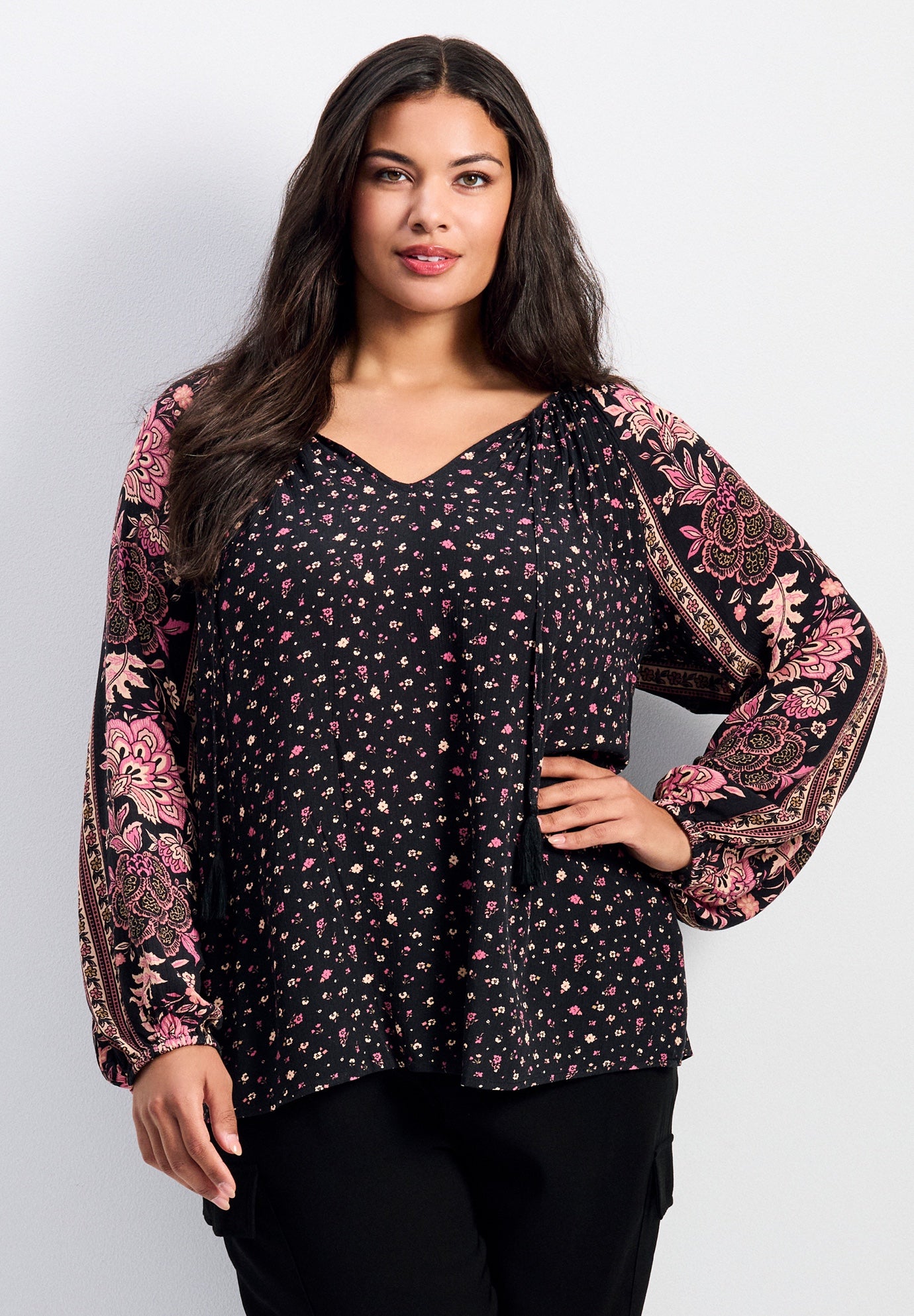 Eliana Border Print Sleeve Peasant Top image number 0