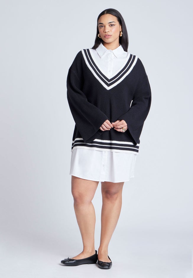 Striped Sweater Twofer Mini Shirt Dress image number 3