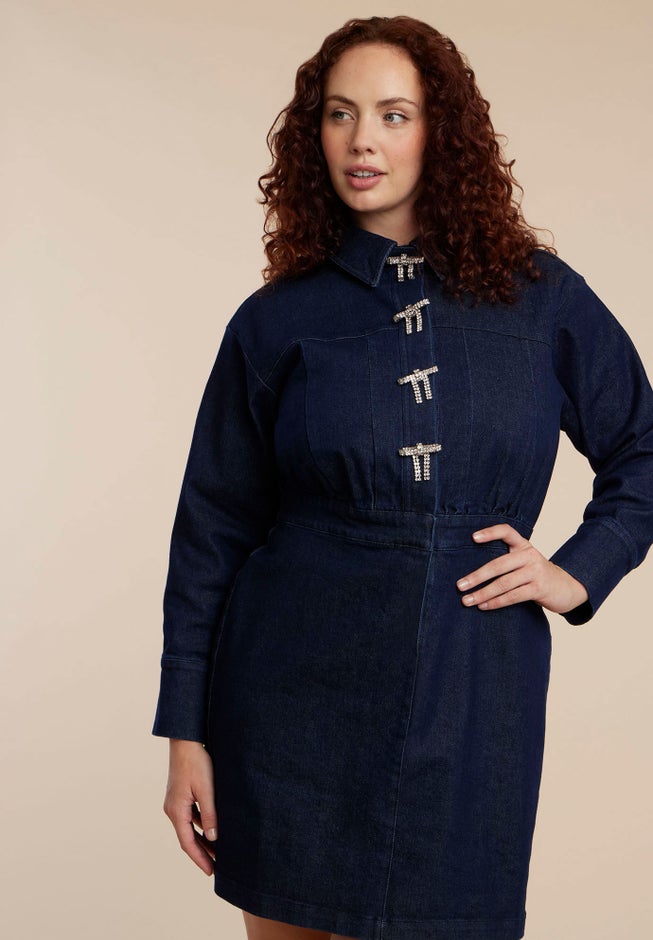 Denim Mini Dress With Rhinestone Bows image number 1