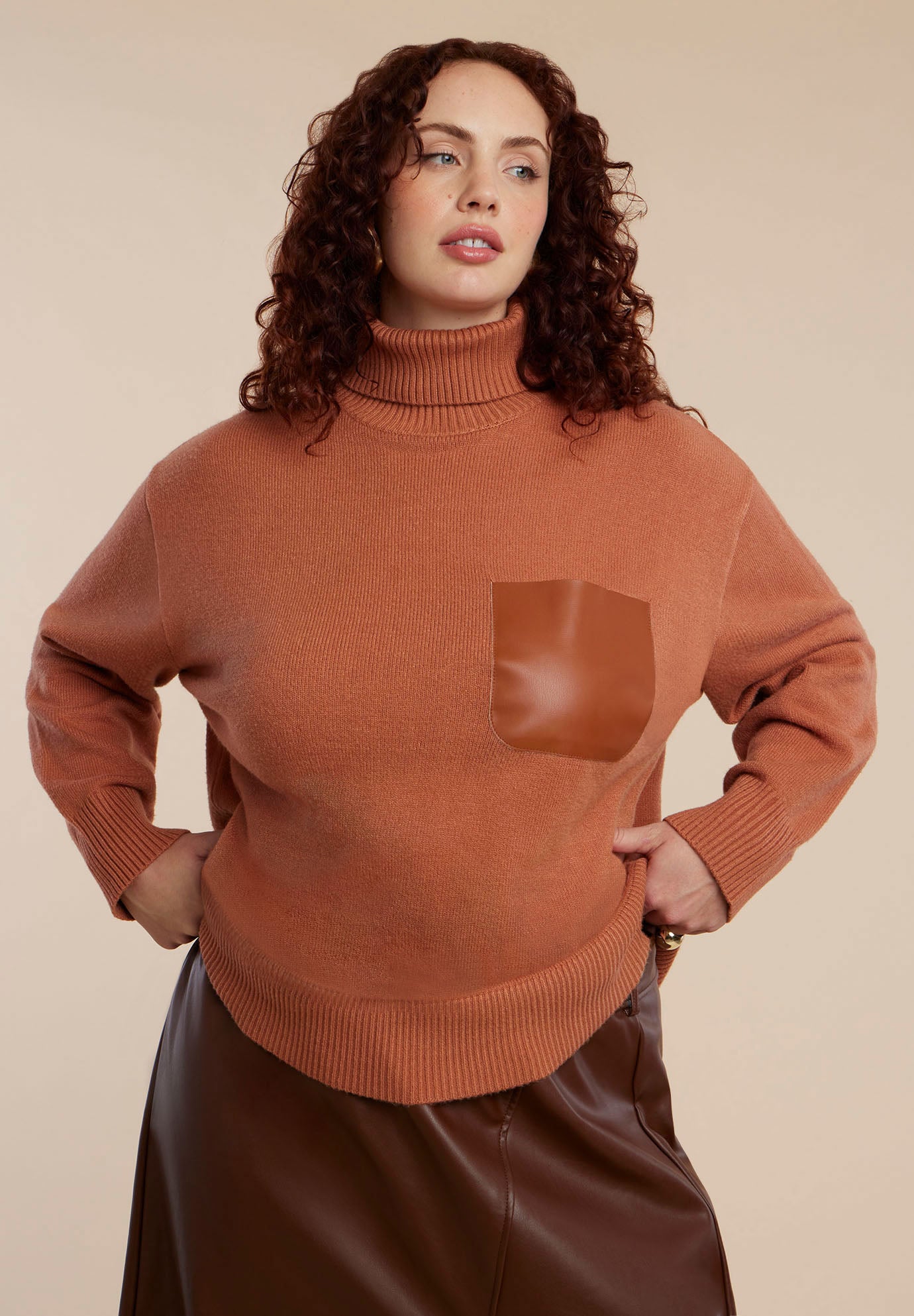 Faux Leather Pocket Turtleneck Sweater image number 2