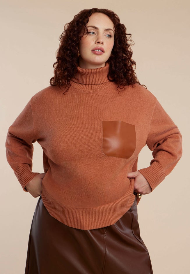 Faux Leather Pocket Turtleneck Sweater image number 2