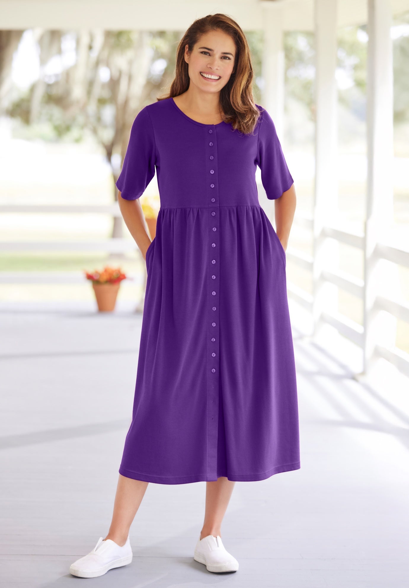 Button-Front Elbow-Sleeve Knit Dress image number 0
