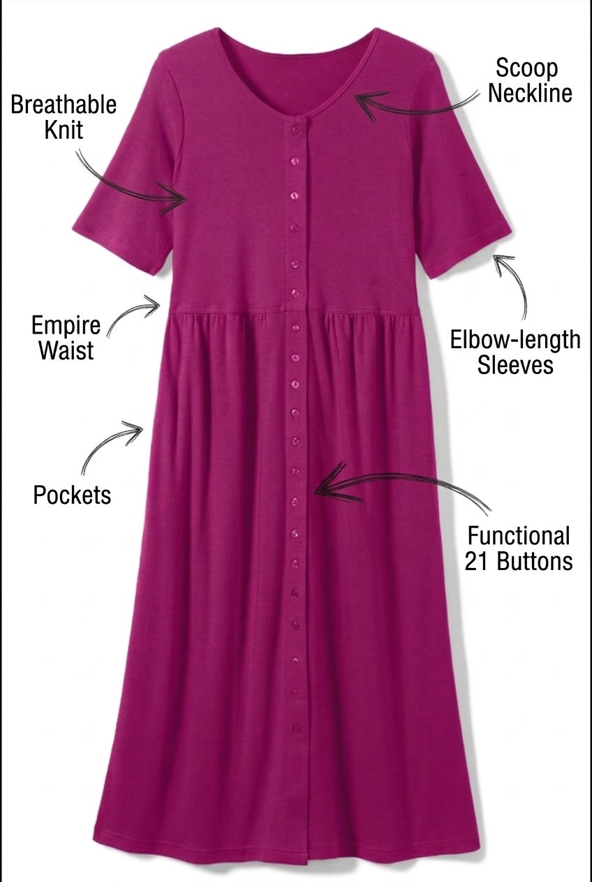 Button-Front Elbow-Sleeve Knit Dress image number 2