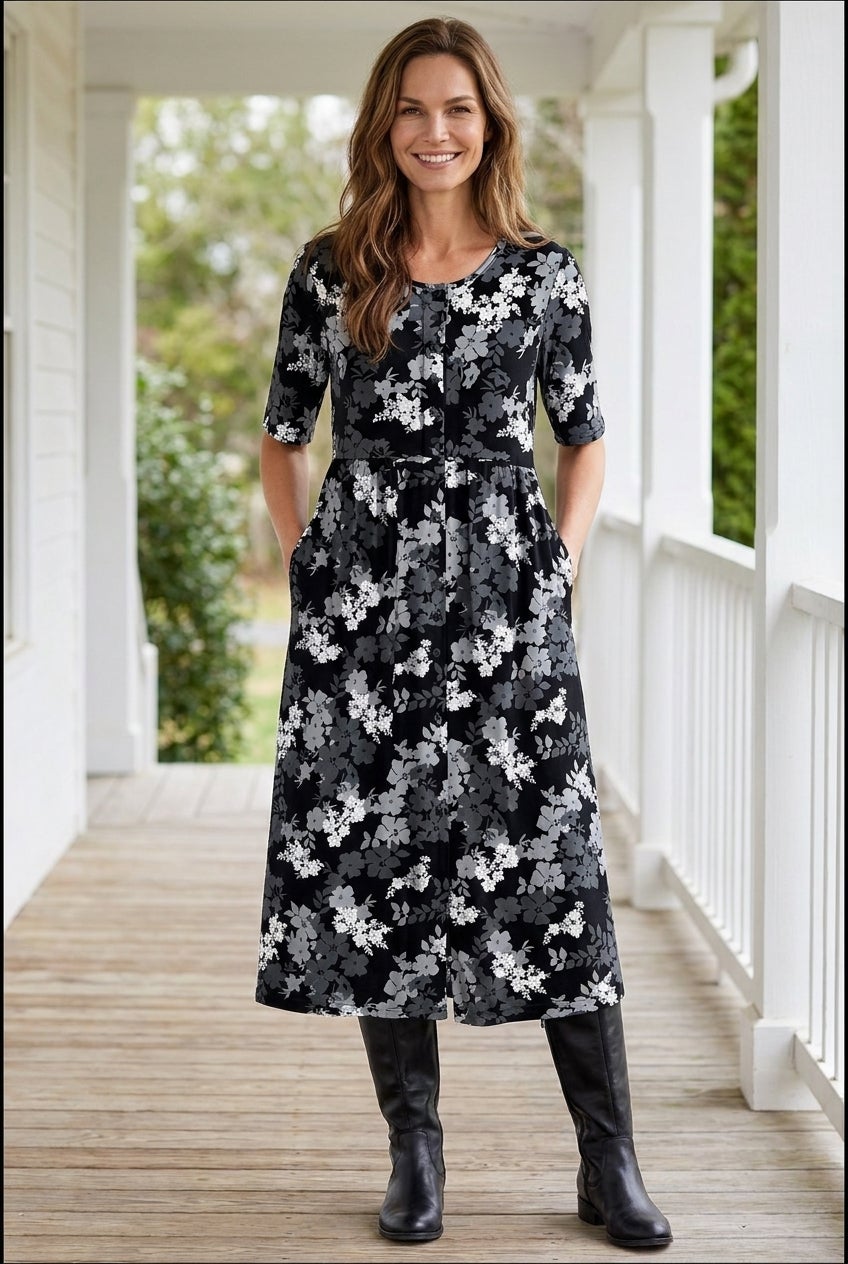 Button-Front Elbow-Sleeve Knit Dress image number 0