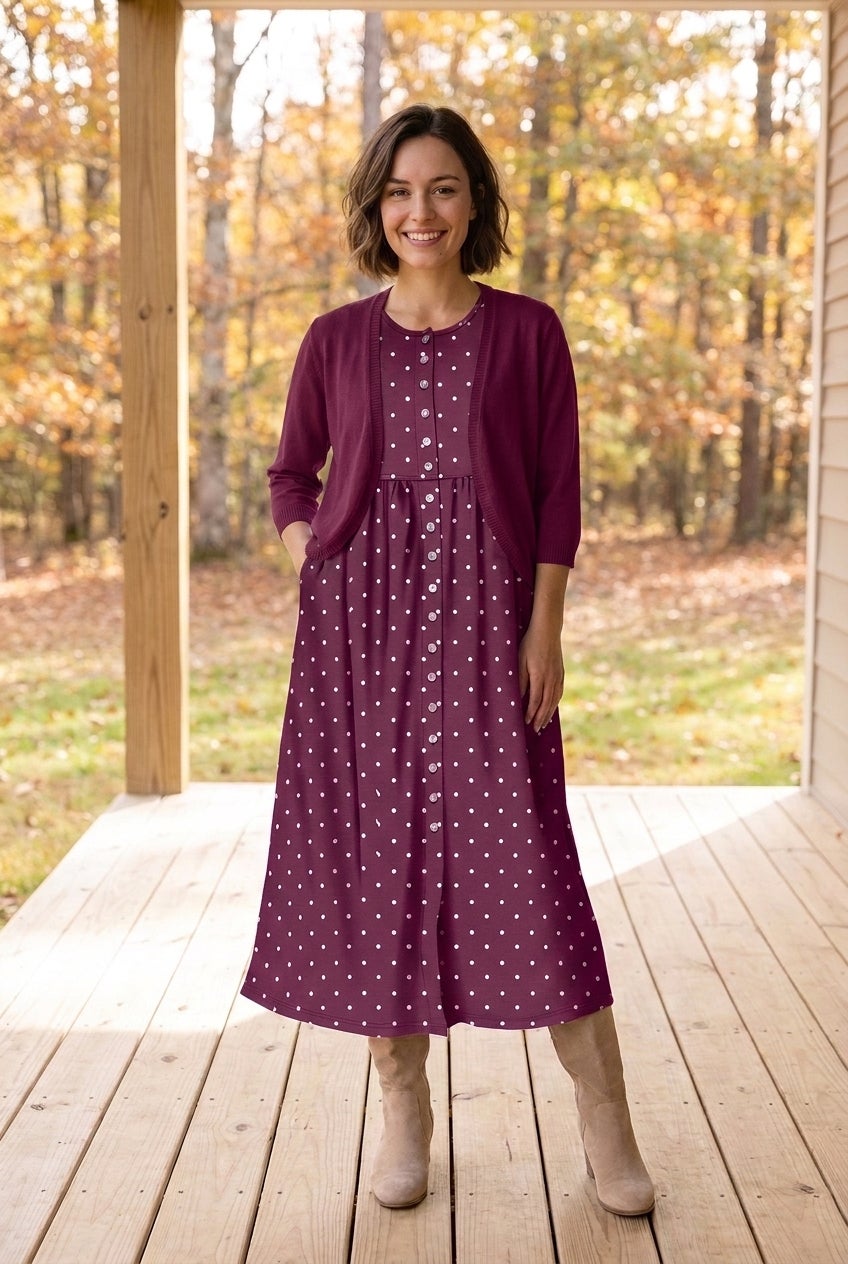 Button-Front Elbow-Sleeve Knit Dress image number 1