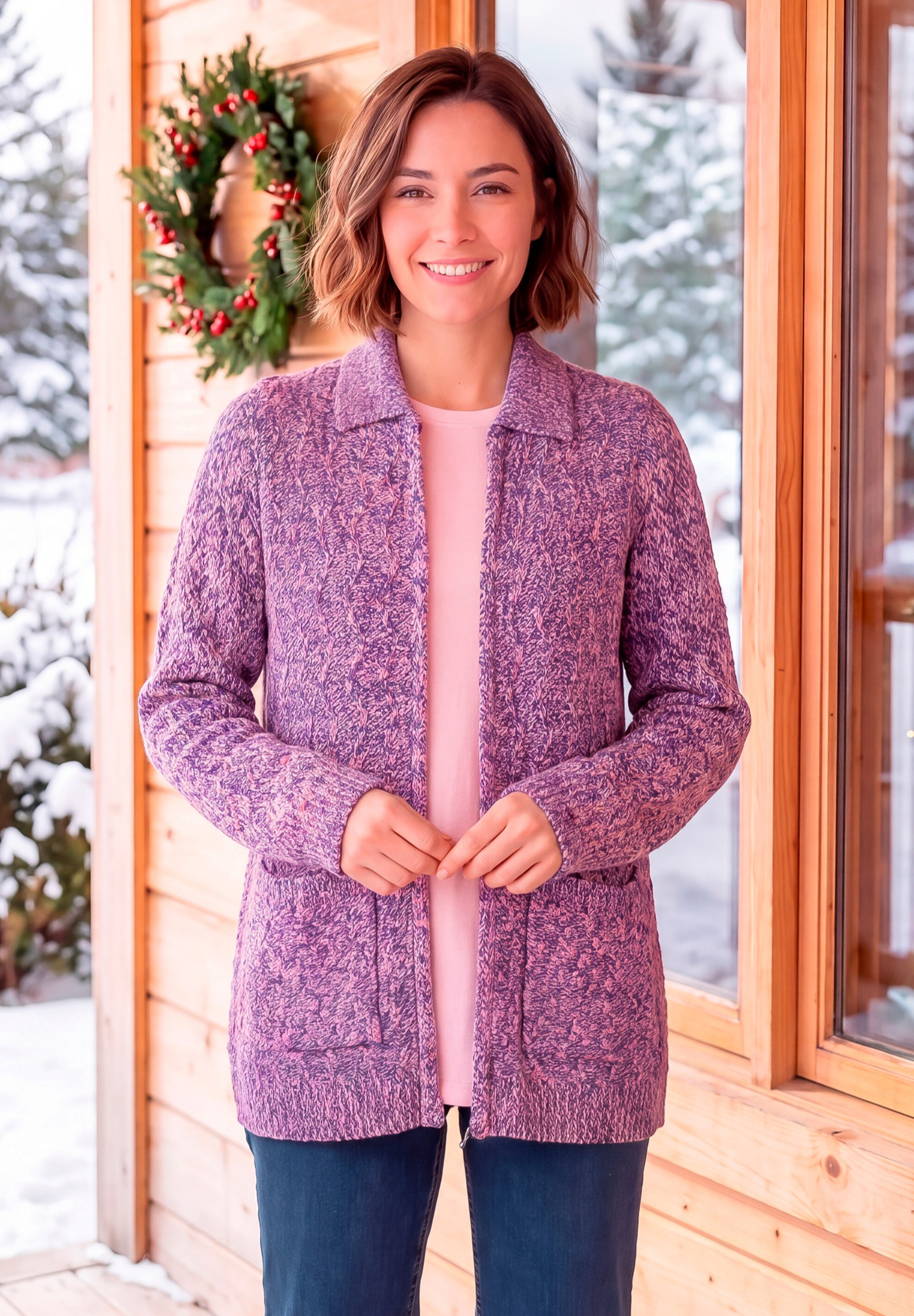 Marled Zip-Front Cable Knit Cardigan Sweater image number 0