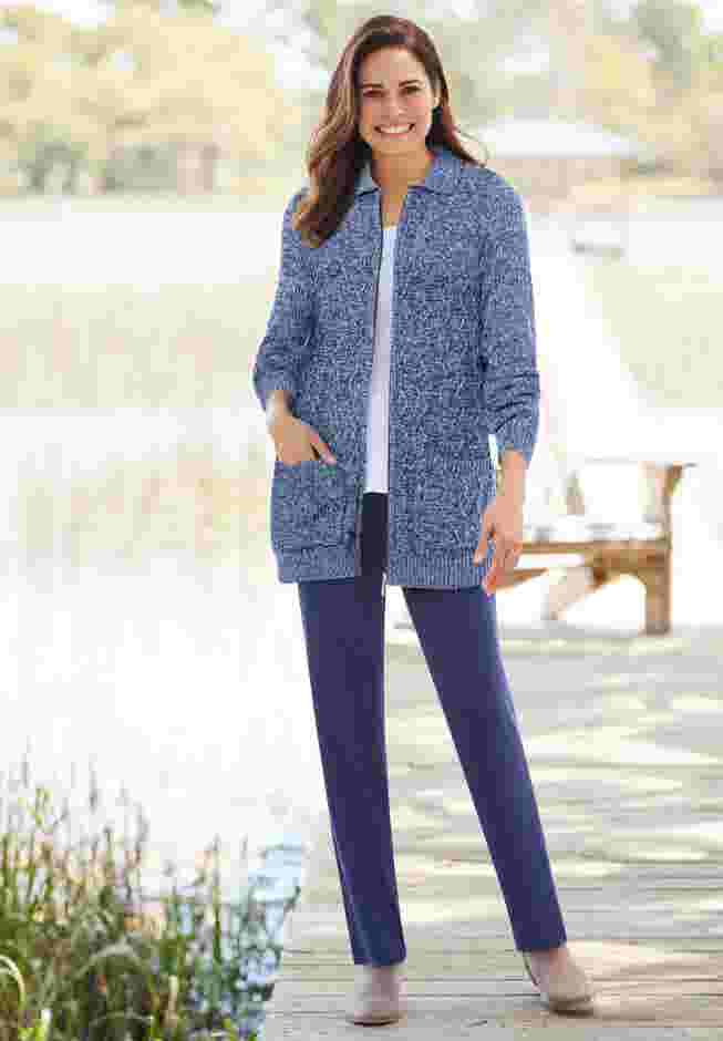 Marled Zip-Front Cable Knit Cardigan image number 2