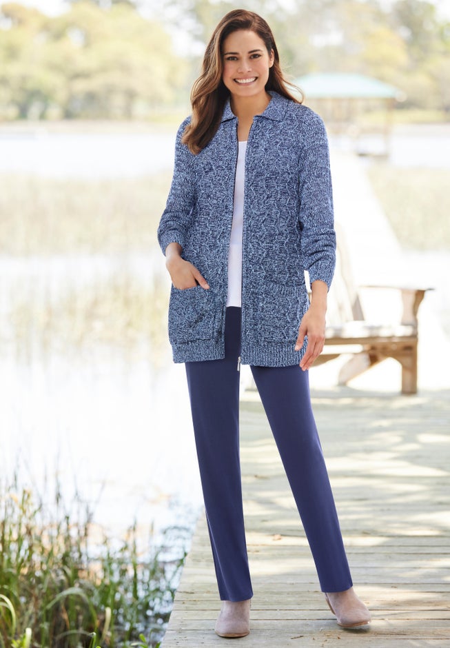 Marled Zip-Front Cable Knit Cardigan image number 3