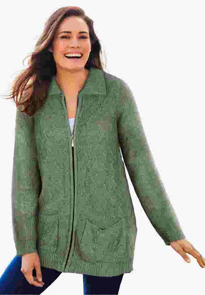 Marled Zip-Front Cable Knit Cardigan image number 0