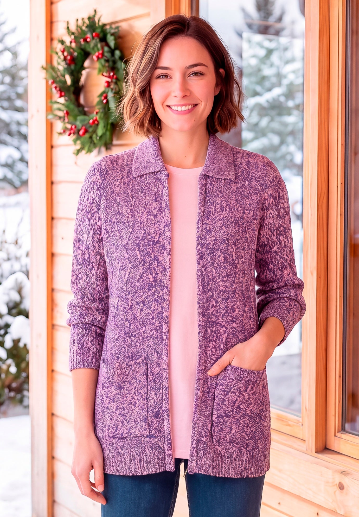 Marled Zip-Front Cable Knit Cardigan Sweater image number 4