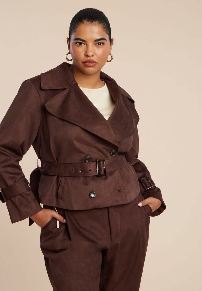 Cropped Faux Suede Trench Jacket image number 1