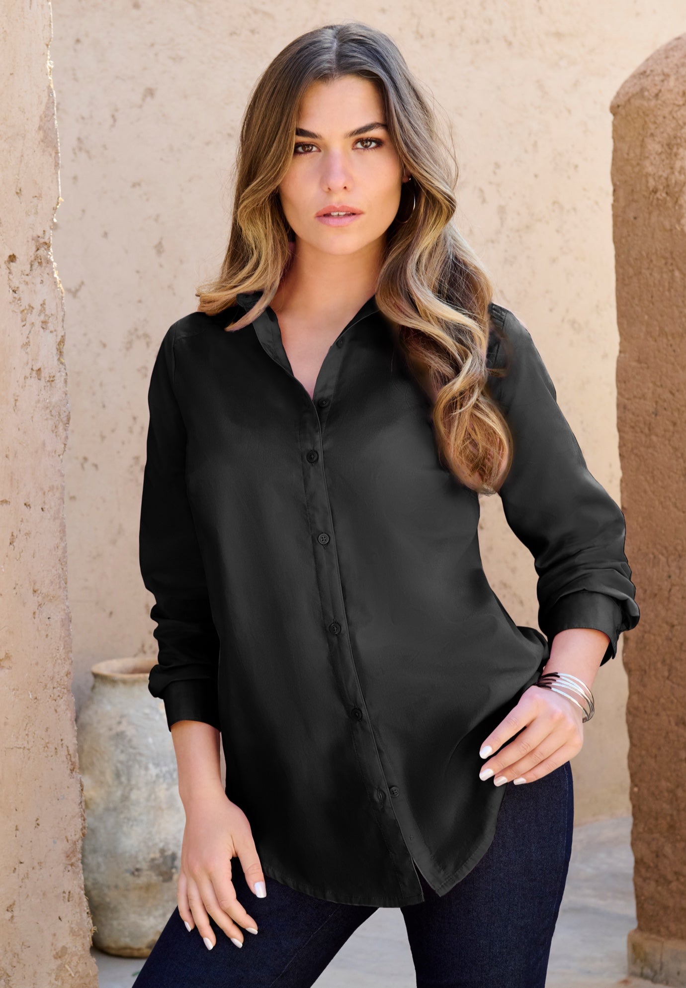 Plus Size Kate Long Sleeve Easy Cotton-Blend Button-Front Shirt image number 0