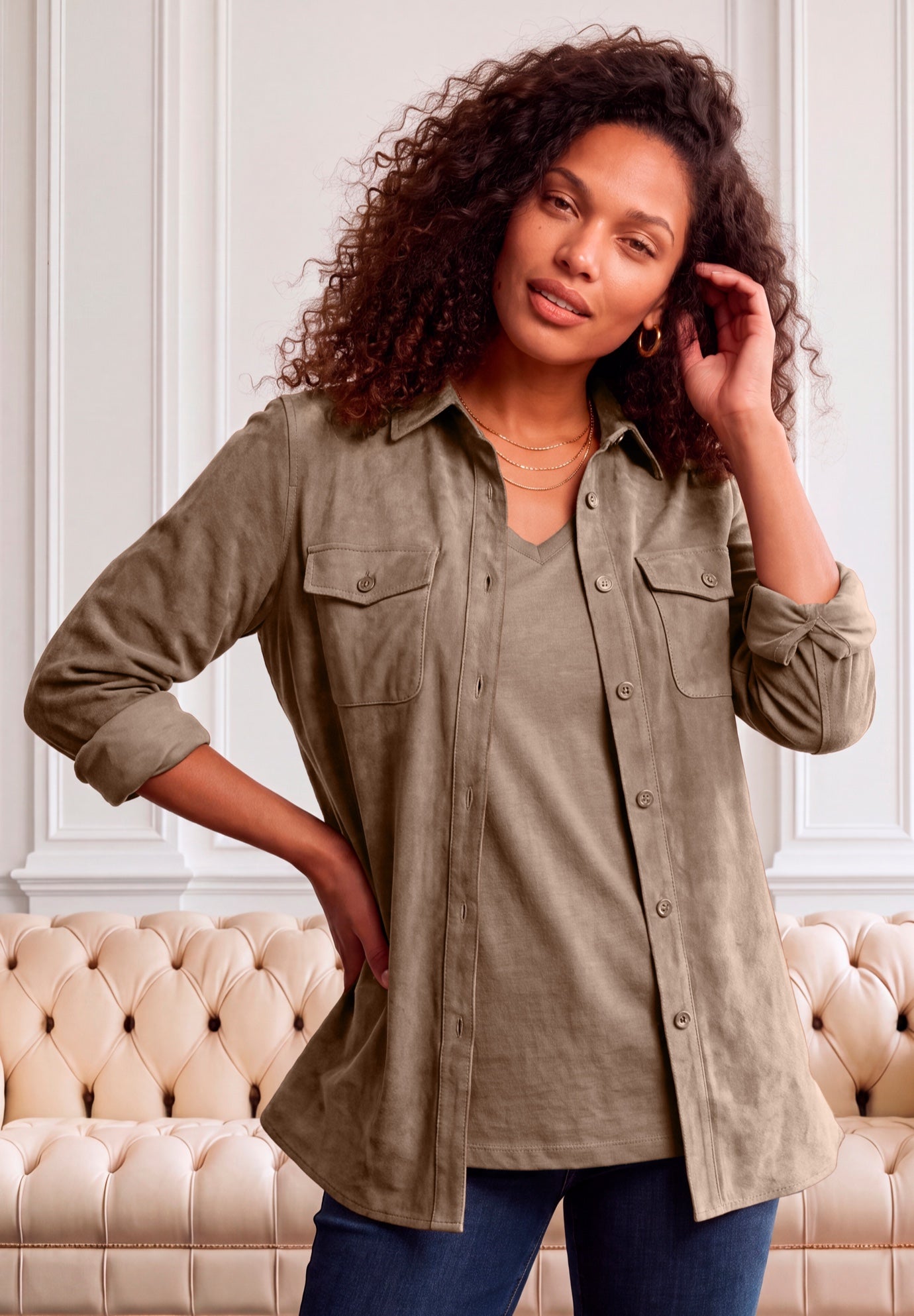 Faux Suede Button-Front Shirt image number 0