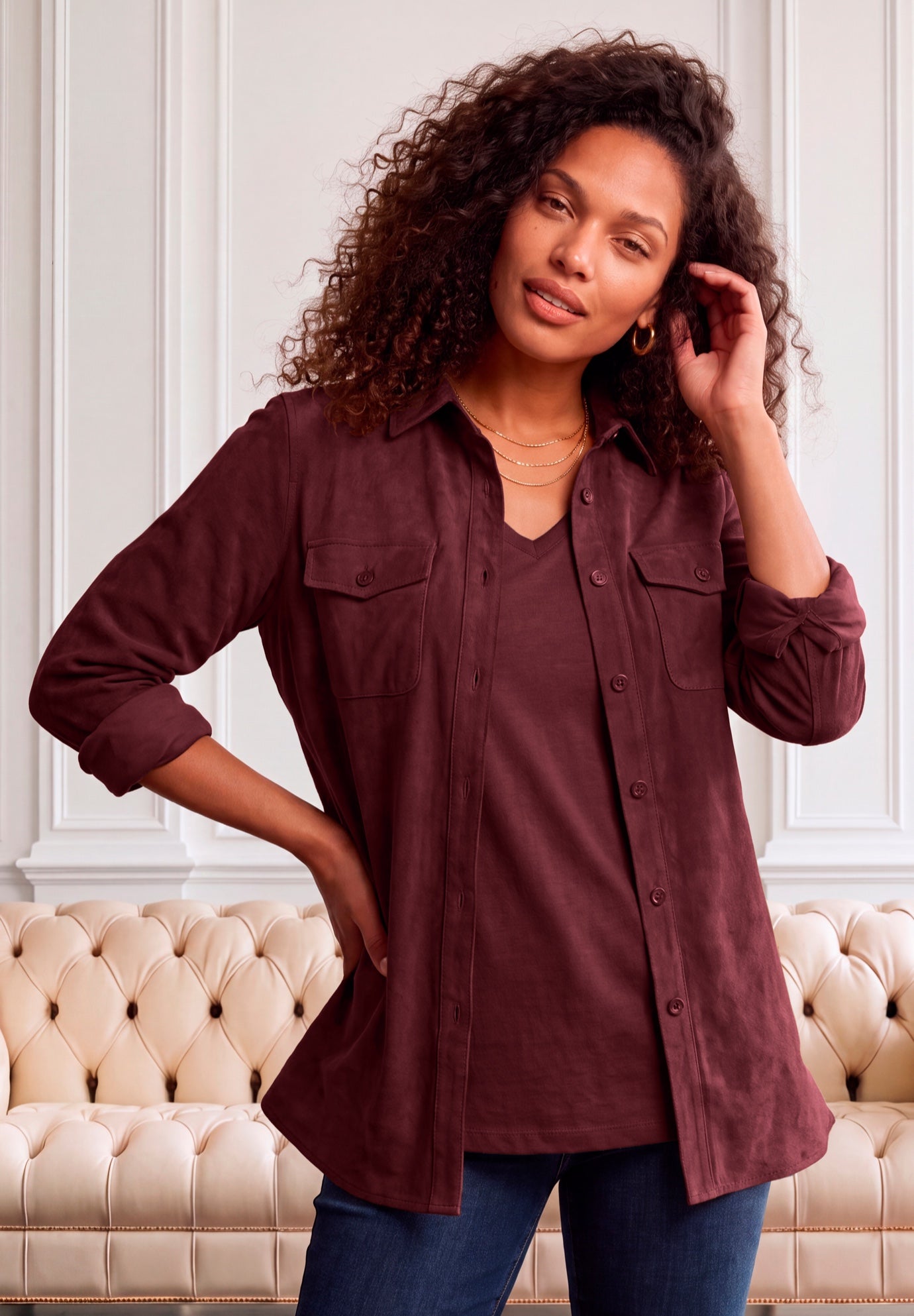 Faux Suede Button-Front Shirt image number 0