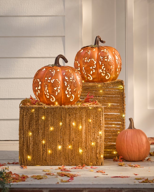 Pre-Lit Carved Resin Pumpkin image number 0