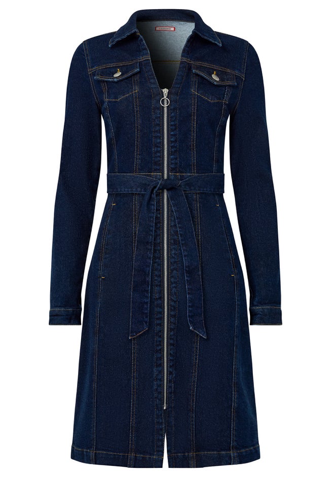 Belted Stretch Denim Dress image number null