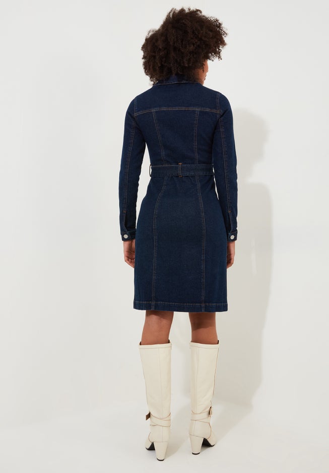 Belted Stretch Denim Dress image number null