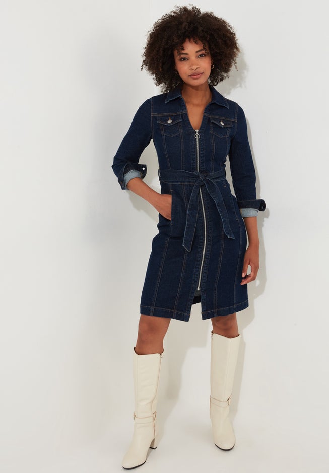 Belted Stretch Denim Dress image number null