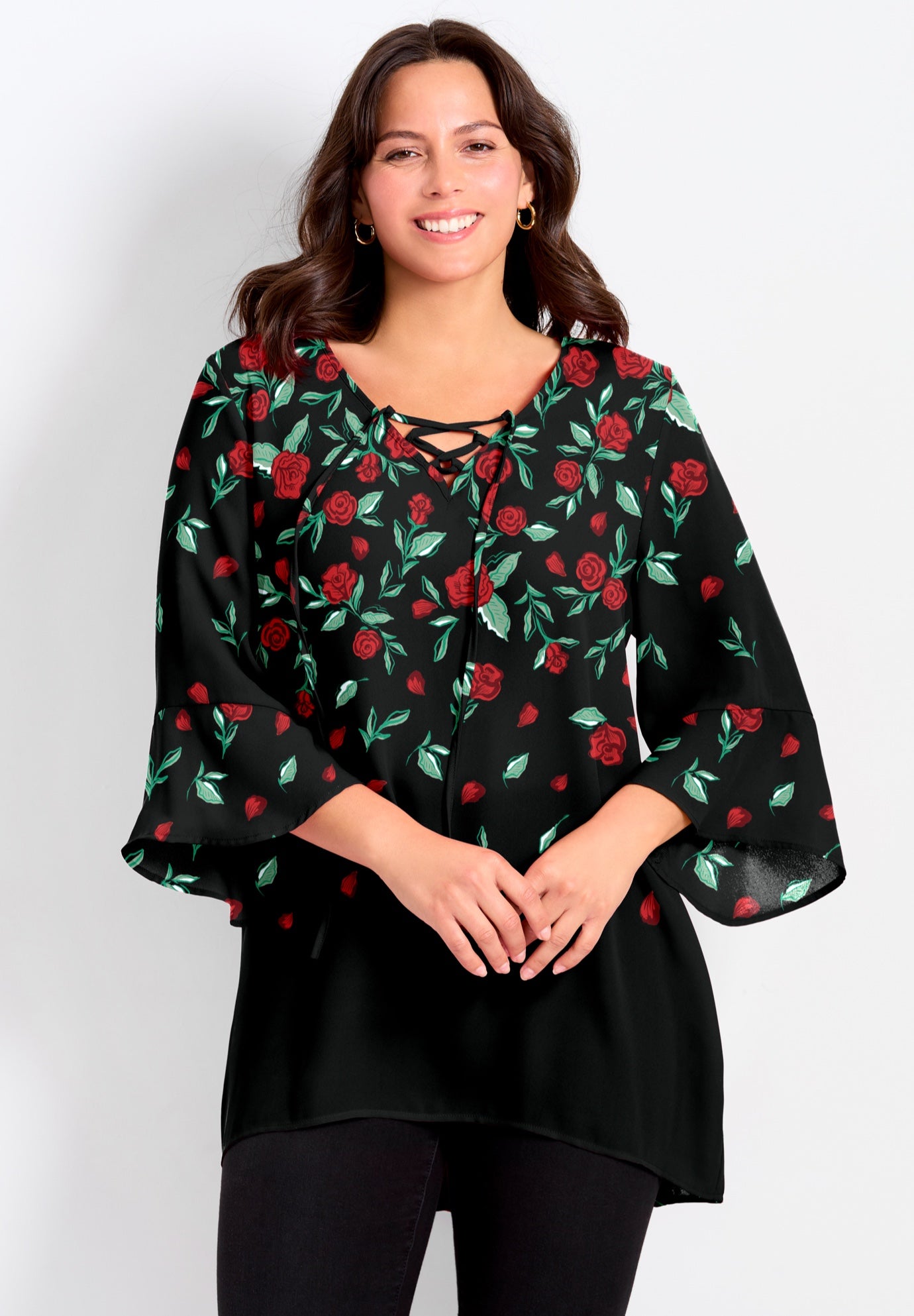 V-Neck Lace-Up Bell Sleeve Tunic image number 0