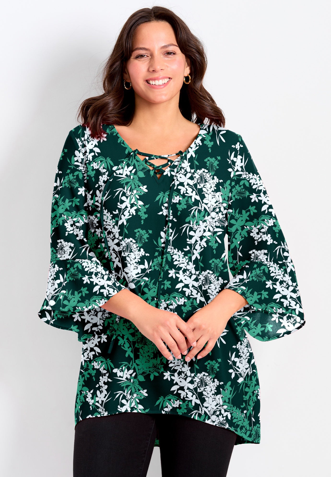 V-Neck Lace-Up Bell Sleeve Tunic image number 0