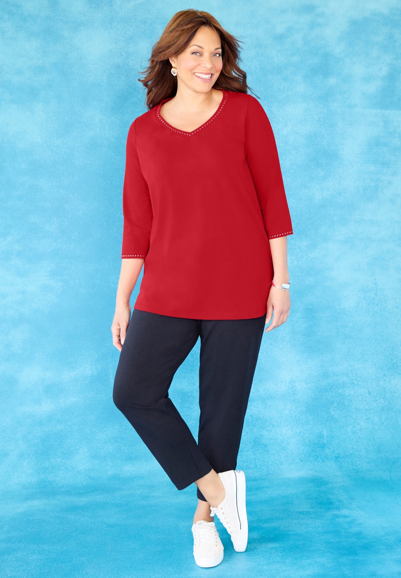 Suprema&reg; Studio 3/4 Sleeve Studded V-Neck Tee image number 1