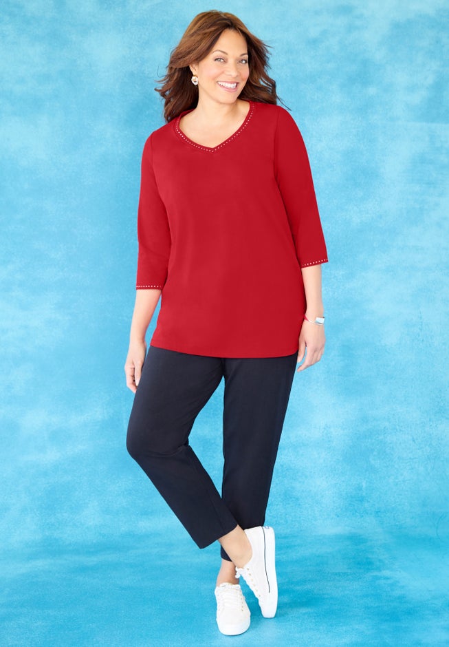 Suprema&reg; Studio 3/4 Sleeve Studded V-Neck Tee image number 1